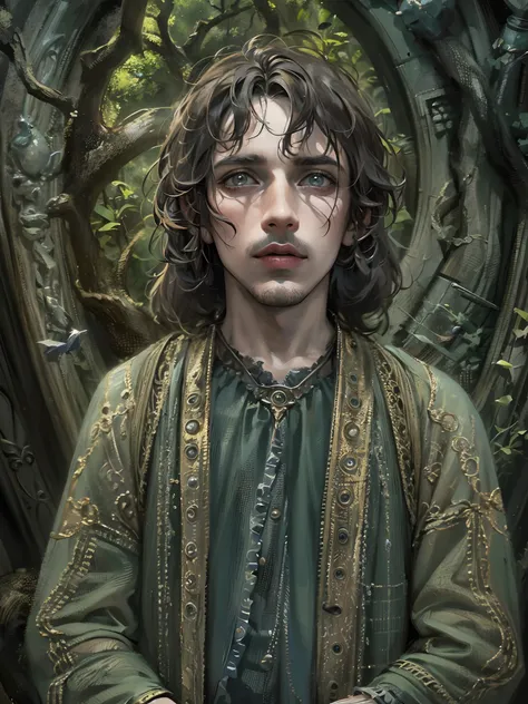 Absurdres masterpiece HDR high quality picture of a random scene from lord of the rings portrait with a Tim Burton theme style in a beautiful masterpiece background , detailed character, handsome face