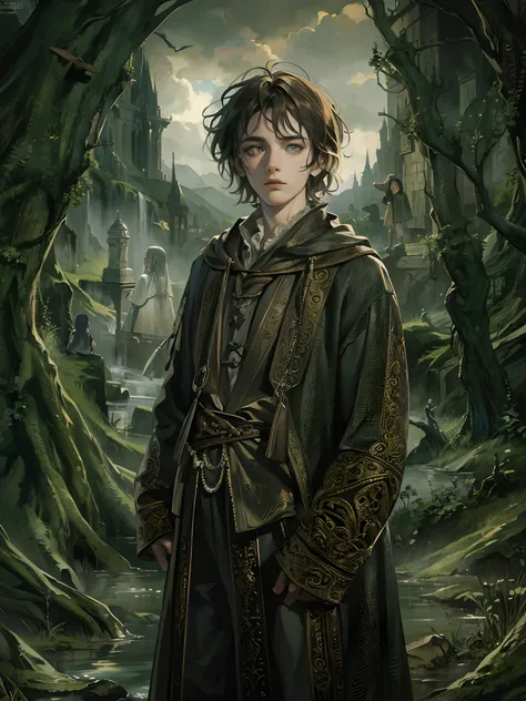 Absurdres masterpiece HDR high quality picture of a random scene from lord of the rings portrait with a Tim Burton theme style in a beautiful masterpiece background , detailed character, handsome face