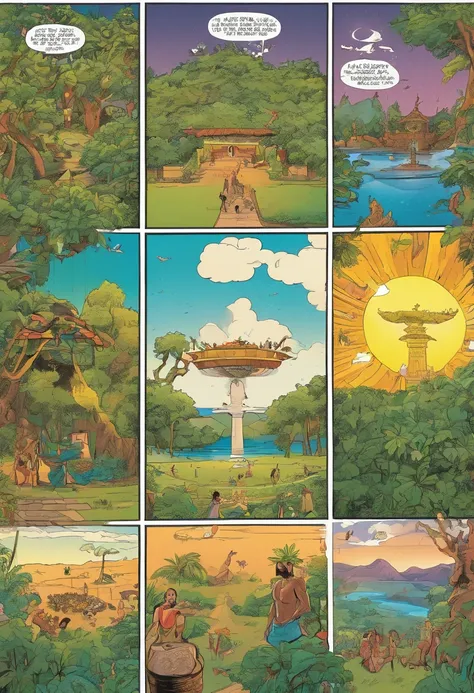 Quadrinhos americanos, The comic is presented in several irregular panels with colors. Um belo jardim, Eden. Happy Adam and Eve, Surrounded by animals and lush trees. The style is exaggerated and detailed