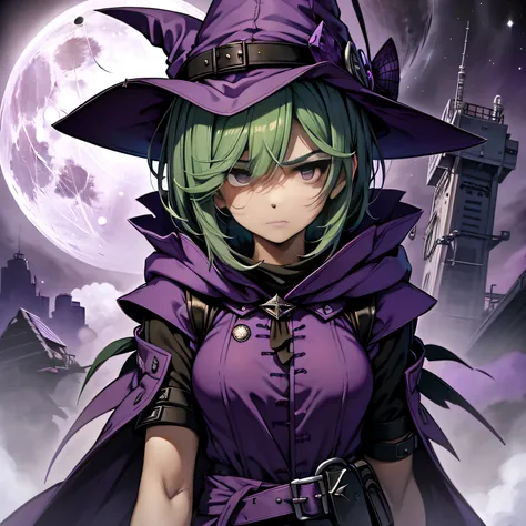 top-quality、extremely delicate and beautiful、(A teenage girl)、Purple Eye、Green hair、short-haired、(purple witch hat)、Purple tie、Tactical Vest、Soio、shortsleeves、Purple skirt、Purple Wizard Robe、Navel、is standing、Facing the front、Expression of hatred、Full moon...