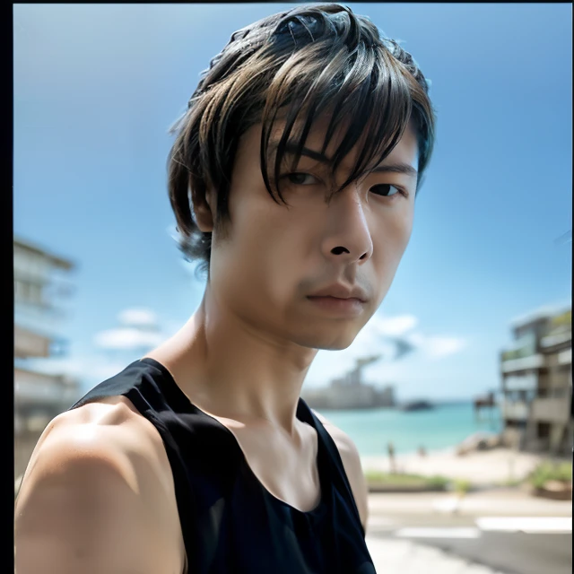 Boy,Solo,ocean view,muscle,Tank top,collarbone,cool and fearless face,real photo,