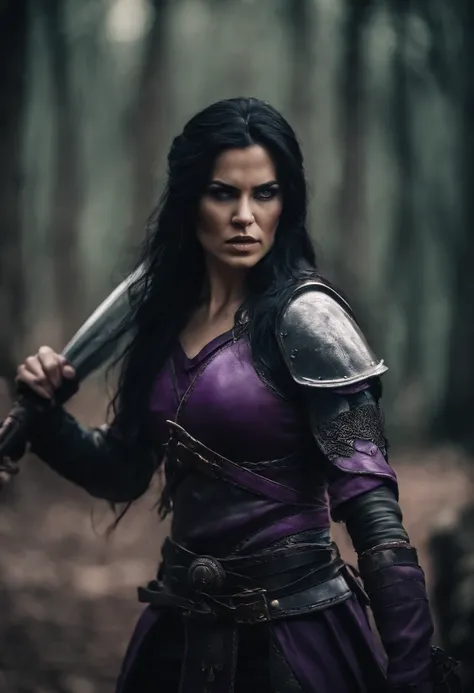 A female warrior, sexy body, with white skin and long black hair, purple eyes and an angry expression, in a fantasy apocalyptic scenario.