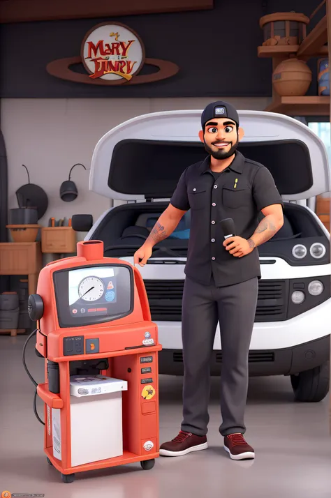 um homem barbudo, vestindo camiseta preta, wearing black cap, post estilo Disney pixar, alta qualidade, melhor qualidade, Machine shop background image, com o titulo Lubricar