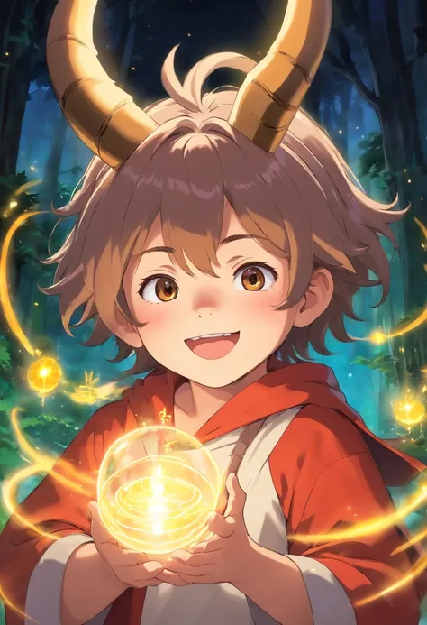 Light transforms into a small child wearing horns, Horned God, Smiling and radiant expression.