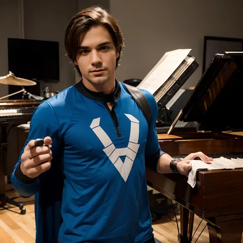 Male superhero with a logo that includes music, sheet music and instruments