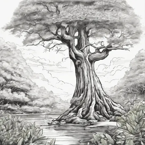 A black and white commercial illustration of a huge tree, com folhas bem verdes, abaixo dela tem um salgueiro bem menor, To your right is a smaller tree. Hes got very large leaves, The tree is located in a parking lot. Parking is portrayed in a natural way...