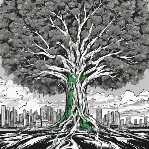 A black and white commercial illustration of a huge tree, com folhas bem verdes, abaixo dela tem um salgueiro bem menor, To your right is a smaller tree. Hes got very large leaves, The tree is located in a parking lot. Parking is portrayed in a natural way...