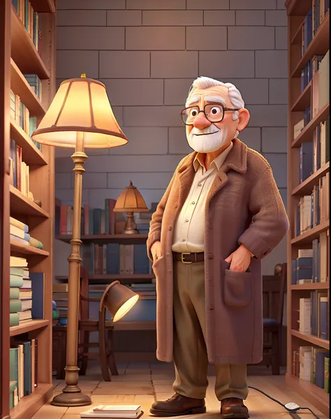 a wise old man standing in front, illuminated by the light of a lamp, against the backdrop of a library