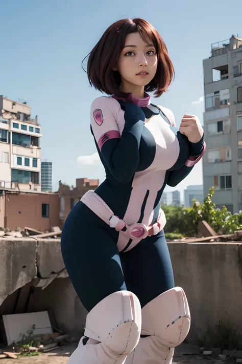 masterpiece, best quality, highres, hmochako, blush stickers, short hair, huge breasts, superhero, bodysuit, boots, ruins, build...