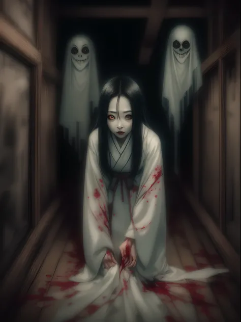 Ju-on the grudge, Kayako, age 30, milf, mature woman,yurei, crawling on the floor of a dimly lit attic:1.4, shocked face, bloody eyes, with ghostly figures lurking in the shadows and eerie portraits that seem to watch her every move.