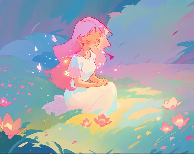 beautiful girl in white dress, fairy dress, beautiful girl sitting in a field with pink red flowers, glowing lights, whimsical landscape, long pink flowing hair, watercolor illustration, inspired by Glen Keane, inspired by Lois van Baarle, disney art style...