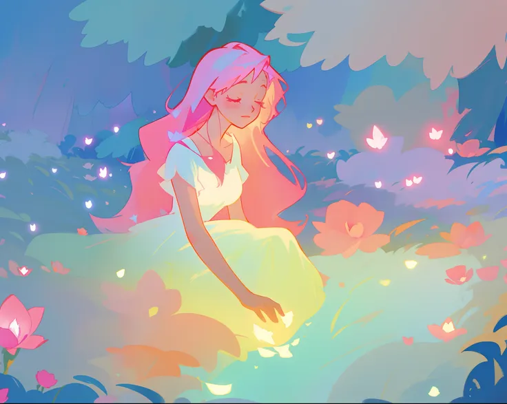 beautiful girl in white dress, fairy dress, beautiful girl sitting in a field with pink red flowers, glowing lights, whimsical landscape, long pink flowing hair, watercolor illustration, inspired by Glen Keane, inspired by Lois van Baarle, disney art style...