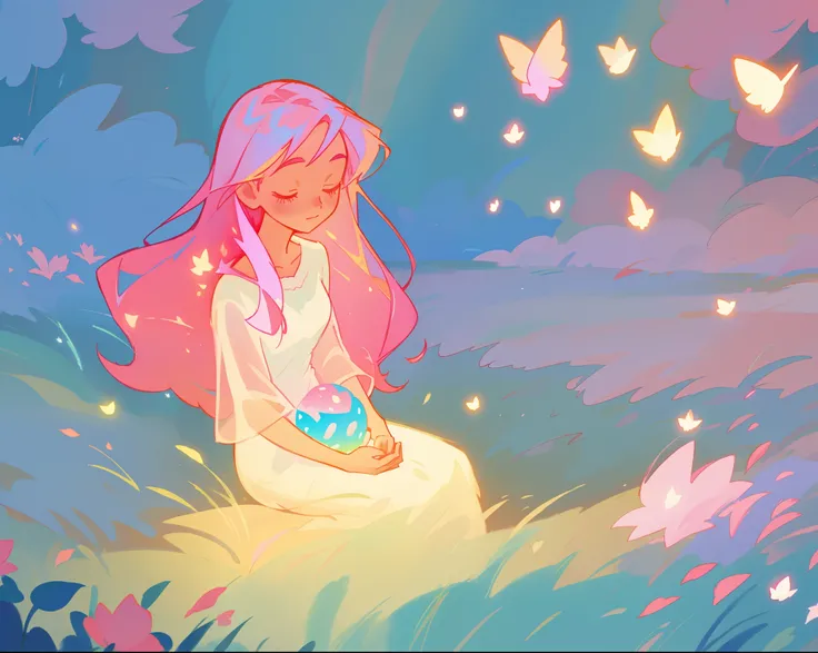 beautiful girl in white dress, fairy dress, beautiful girl sitting in a field with pink red flowers, glowing lights, whimsical landscape, long pink flowing hair, watercolor illustration, inspired by Glen Keane, inspired by Lois van Baarle, disney art style...