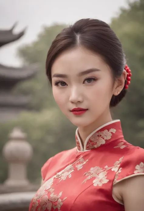 Highest image quality, Outstanding details, Ultra-high resolution, Chinese girl in cheongsam, with a delicate and beautiful face, A beautifully landscaped park is in the background