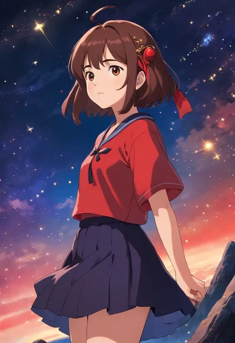 girl，19years old，brown  hair，Hair is slightly curled，red headgear，Black gemstone decoration on the hair，Red skirt，Full body like，background starry sky