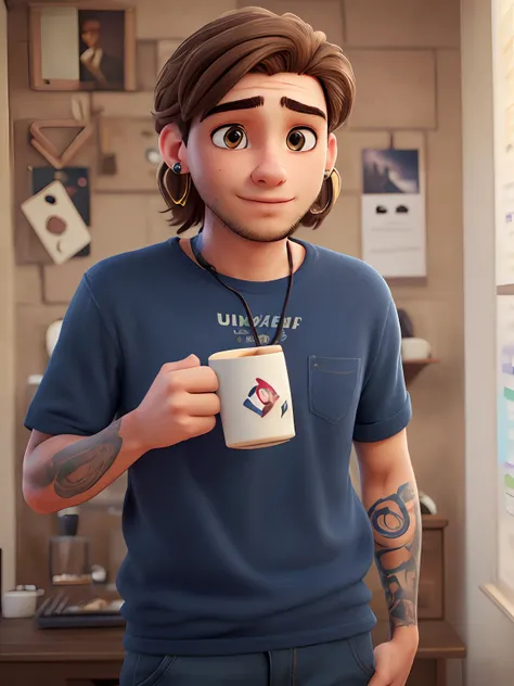 (best quality,4k,8k,highres,masterpiece:1.2),ultra-detailed,(realistic,photorealistic,photo-realistic:1.37),a young man,short hair,modern haircut,light brown hair,light short beard,wearing earrings,tattoos on both arms,holding a cup of coffee