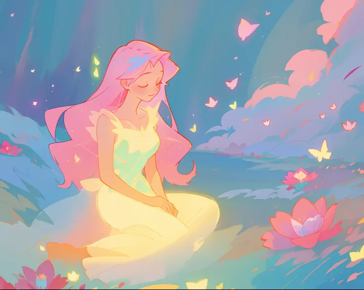 beautiful girl in white dress, fairy dress, beautiful girl sitting in a field with pink red flowers, glowing lights, whimsical landscape, long pink flowing hair, watercolor illustration, inspired by Glen Keane, inspired by Lois van Baarle, disney art style...