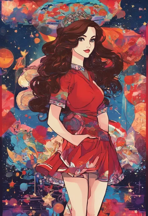 girl，19years old，Brown hair long，Hair is slightly curled，red headgear，Black gemstone decoration on the hair，Red skirt，Full body like，background starry sky