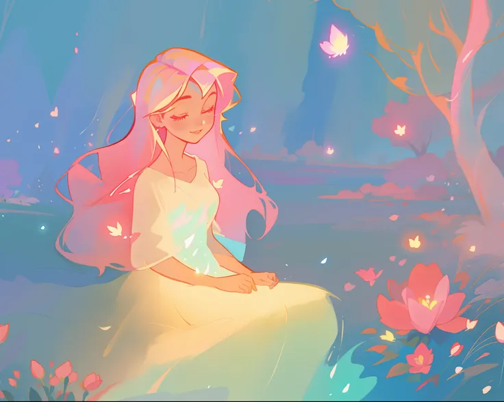 beautiful girl in white dress, fairy dress, beautiful girl sitting in a field with pink red flowers, glowing lights, whimsical landscape, long pink flowing hair, watercolor illustration, inspired by Glen Keane, inspired by Lois van Baarle, disney art style...