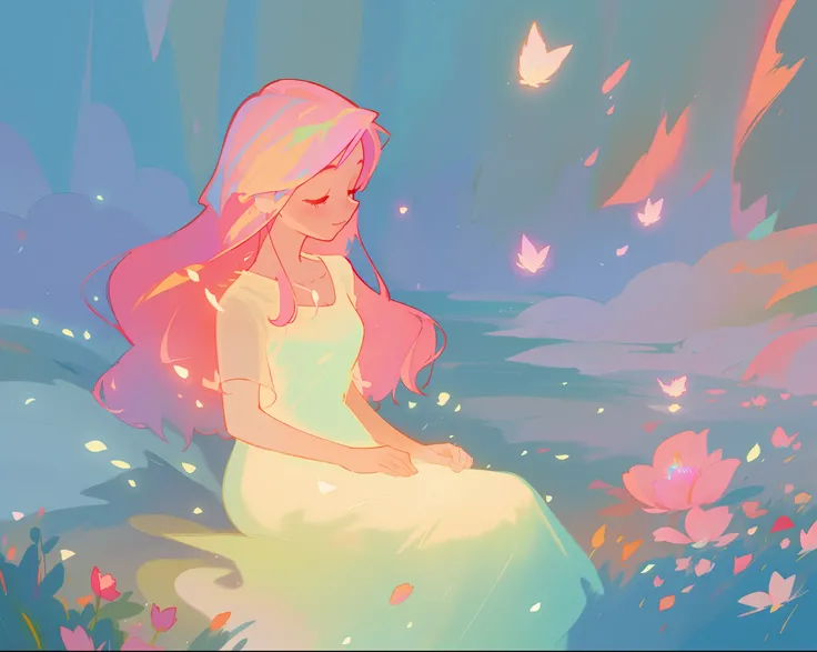 beautiful girl in white dress, fairy dress, beautiful girl sitting in a field with pink red flowers, glowing lights, whimsical landscape, long pink flowing hair, watercolor illustration, inspired by Glen Keane, inspired by Lois van Baarle, disney art style...