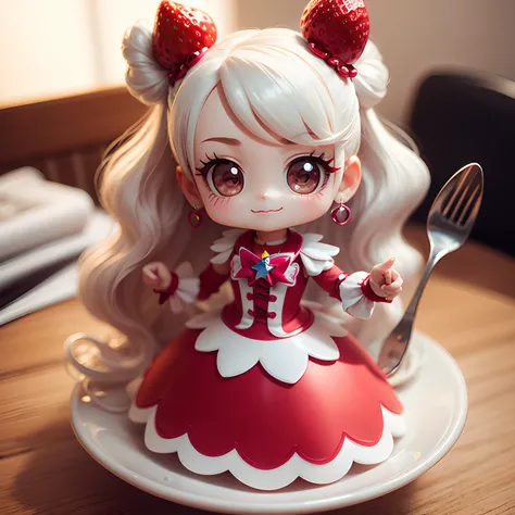 ​masterpiece、top-quality、ultra-detailliert、(Chibi Chara　Precure:1.2)、White-haired、Hair ornament with strawberry motif、Pretty Cure Cosplay、Long cutlery with a gorgeous star-shaped motif、Standing、A smile