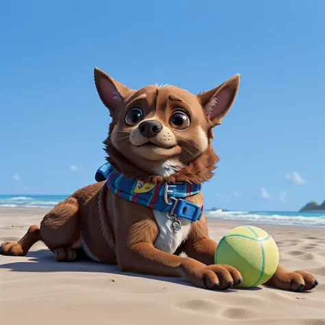 Brown tanram chihuahua dog lying on the beach with his ball, com coleira com uma plaquinha em formato de osso com o nome Cisco escrito, estilo disney pixar, alta qualidade, melhor qualidade