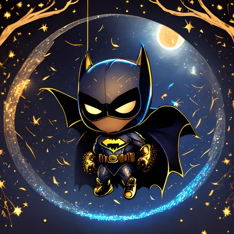 finest image, (chibi character, deformed, full body, big head:1.5, line art), bat man hanging from a branch, background big moon, iridescent golden particles