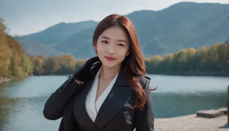 Black trench coat　Underneath the blazer　Black leather gloves　The upper part of the body　Japanese Smiling Girl Park Background Lake Distant Mountains Character on the right computer desktop