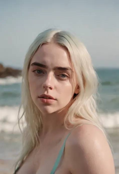 Billie eilish wearing short bikini, big breasts, perfect body, Blonde