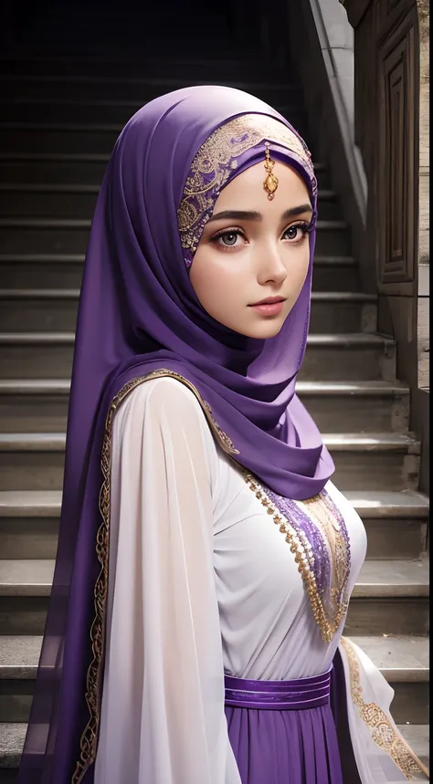 beautiful portrait of a goddess girl, wear Muslim dress, beautiful detailed face, detailed anatomy, climbing up the stairs, like a dream background, purple white shades