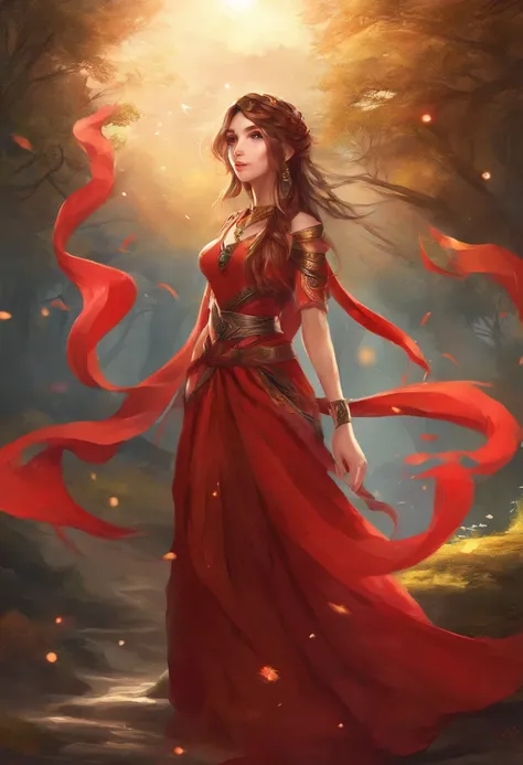 girl，19years old，Brown hair long，Side twists，Hair is slightly curled，red headgear，Black gemstone decoration on the hair，red long skirt，It looks free and loose，Full body like，ancient wind，background starry sky。