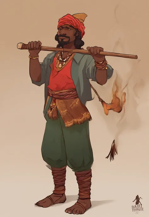 Apresente um duende de pele negra, with indigenous traits, usando um gorro vermelho, he only has one leg. Hes smoking a pipe.