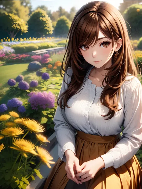 Best Quality, masutepiece, beautiful mature women、Beautiful face、Strong-minded woman、(brown long skirt、long-sleeve)、brown haired、(Brown-eyed)、Longhaire、Undersized eyes、(((Kochia、In the flower garden of kochia)))、Flower garden large、the morning sun