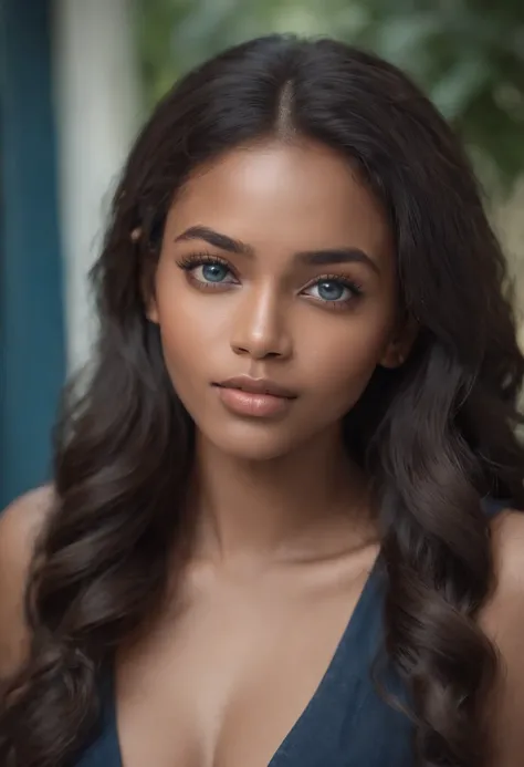 Black girl with light caramel skin, long deep wavy hair, black hair, upturned almond shaped eyes,  blue eyes, long eyelashes, full lips, button nose, supernatural beauty, lidded eyes, seductive.