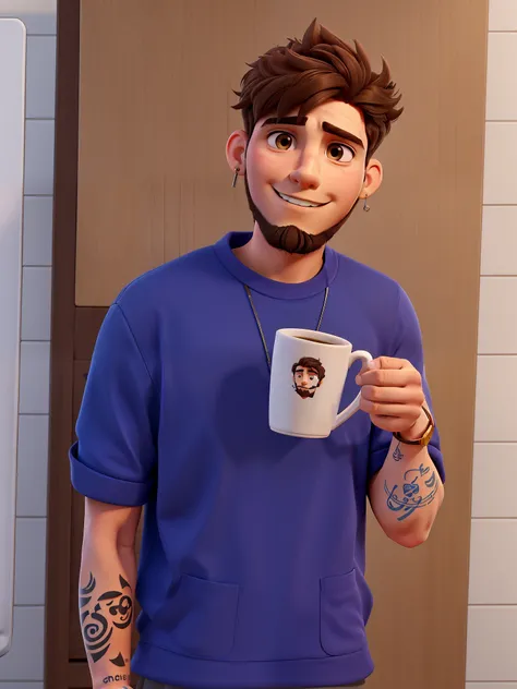 A young man, a rheumatologist, with short light brown hair in a modern cut and a light short beard. He wears earrings and has tattoos on both arms. He holds a cup of coffee.