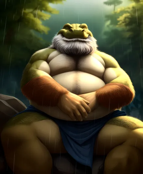 anthro, male, old chubby alligator, Old man, detailed eyes, detailed clothing, big fat. overweight, white beard, Samurai clothes, eyes open, forest background, raining, sitting meditation on big rock (wild_long_Beard), (mustache), pov Faraway view,