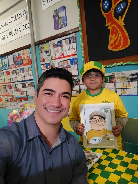 Homem sorridente e menino em camisas amarelas e verdes segurando uma foto de um jogador de futebol, Alarcon Cartunista, desenho, Directed by: Fernando Gerassi, John Picacio e Brom, na copa do mundo, caricatural, Tony Sart e um artista de anime, with a kid,...