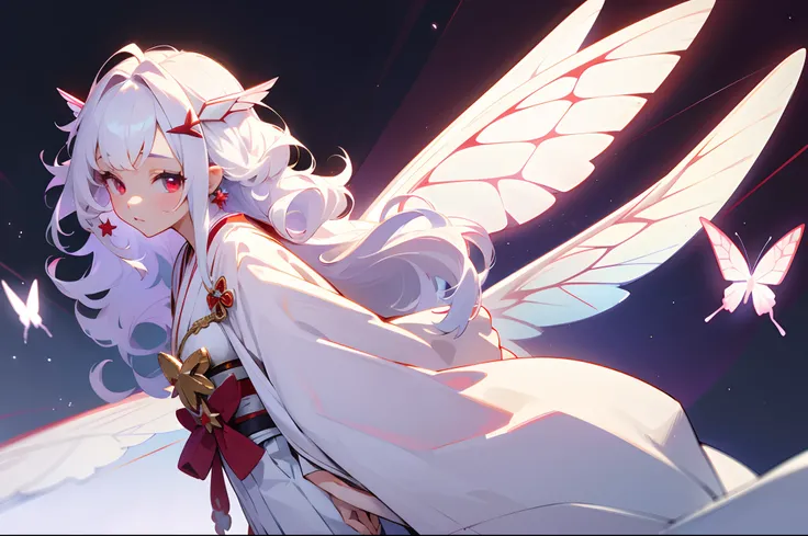 White color hair，long whitr hair，curlies，star earrings，Star hairpins，red color eyes，teens girl，Japanese white clothing，adolable，Butterfly wings