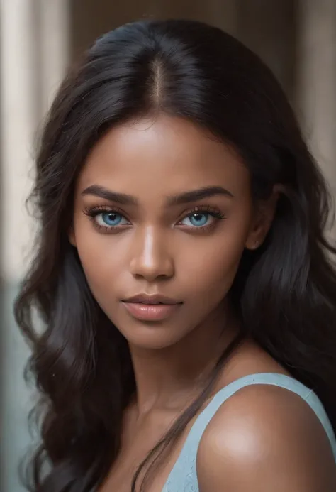 Black girl with caramel skin, long wavy hair, black hair, upturned almond shaped eyes, pale blue eyes, long eyelashes, full lips, button nose, supernatural beauty, lidded eyes, seductive.