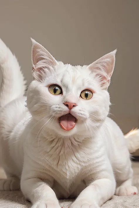 "Create an image of a white cat licking itself so intensely that its fur is almost forming a whirlwind around it, while looking directly at the camera with a surprised expression."