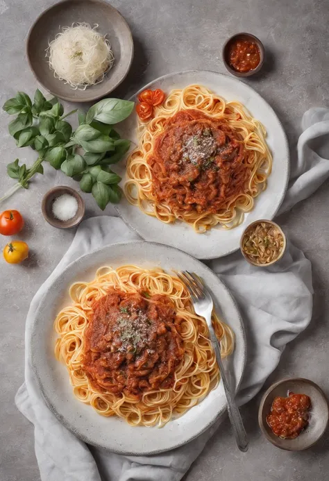 Spaghetti, wagyu a5 meat, spaghetti sauce, wide plate, Fork and spoon