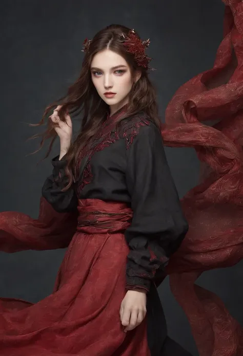 girl，15year old，Brown hair long，Side twists，Hair is slightly curled，red headgear，Black gemstone decoration on the hair，red long skirt，It looks free and loose，Full body like，ancient wind，background starry sky。