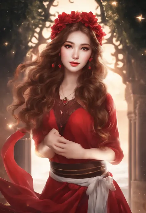 girl，15year old，Brown hair long，Side twists，Hair is slightly curled，red headgear，Black gemstone decoration on the hair，red long skirt，with hands behind her back，It looks free and loose，Full body like，ancient wind，background starry sky。