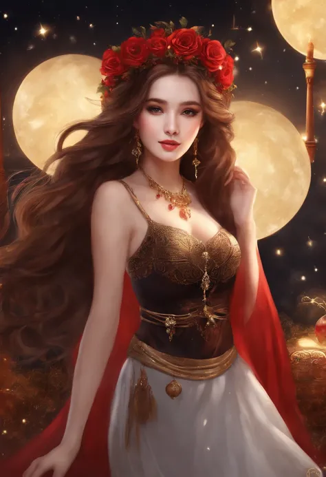 girl，15year old，Brown hair long，Side twists，Hair is slightly curled，red headgear，Black gemstone decoration on the hair，red long skirt，with hands behind her back，It looks free and loose，Full body like，ancient wind，background starry sky。