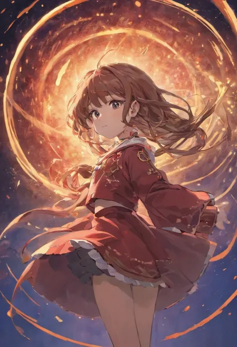 girl，15year old，Brown hair long，Side twists，Hair is slightly curled，red headgear，Black gemstone decoration on the hair，red long skirt，with hands behind her back，It looks free and loose，Full body like，ancient wind，background starry sky