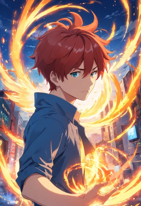 Male redhead anime character with the power to control earth and fire elements