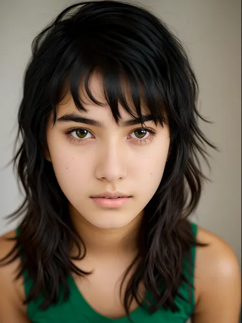 a teenager with messy black hair and dark skin and green eyes