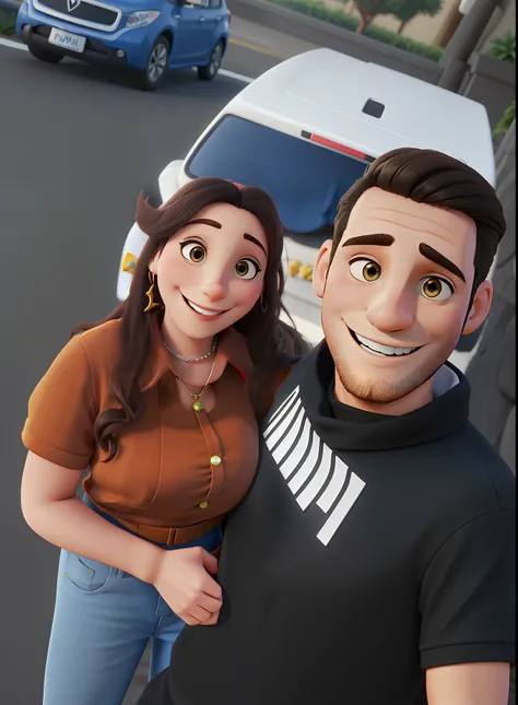 Um marido e uma esposa, felizes, com sorriso de canto, estilo Disney pixel, alta qualidade, melhor qualidade