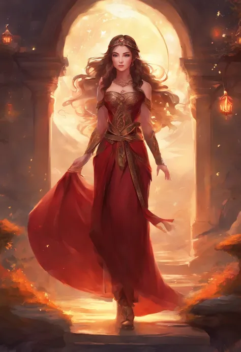 girl，15year old，Brown hair long，Side twists，Hair is slightly curled，red headgear，Black gemstone decoration on the hair，red long skirt，with hands behind her back，It looks free and loose，Full body like，ancient wind，background starry sky