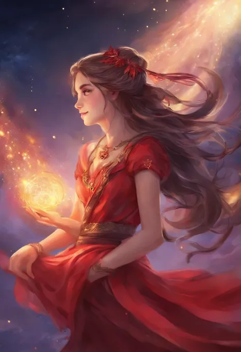 girl，15year old，Brown hair long，Side twists，Hair is slightly curled，red headgear，Black gemstone decoration on the hair，red long skirt，with hands behind her back，It looks free and loose，Full body like，ancient wind，background starry sky